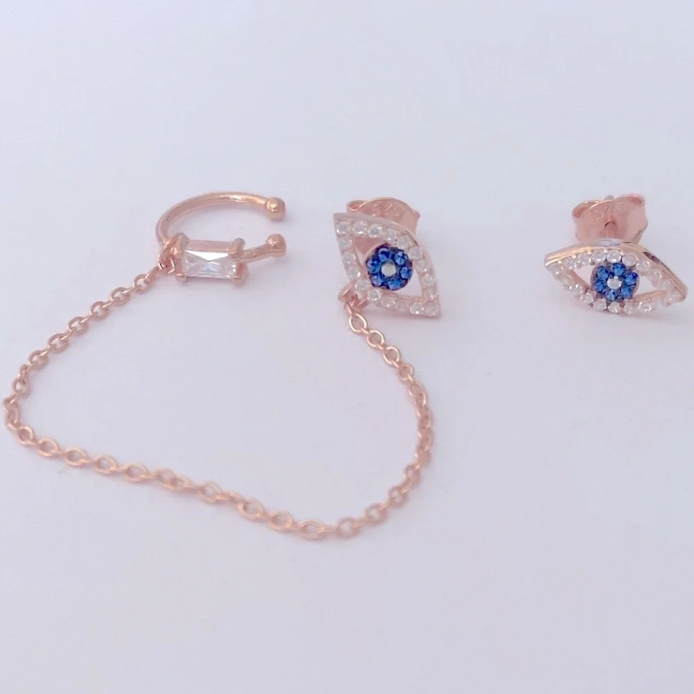 925 Silver evileye cz cubic earrings with chain cuff 14K rose gold plated